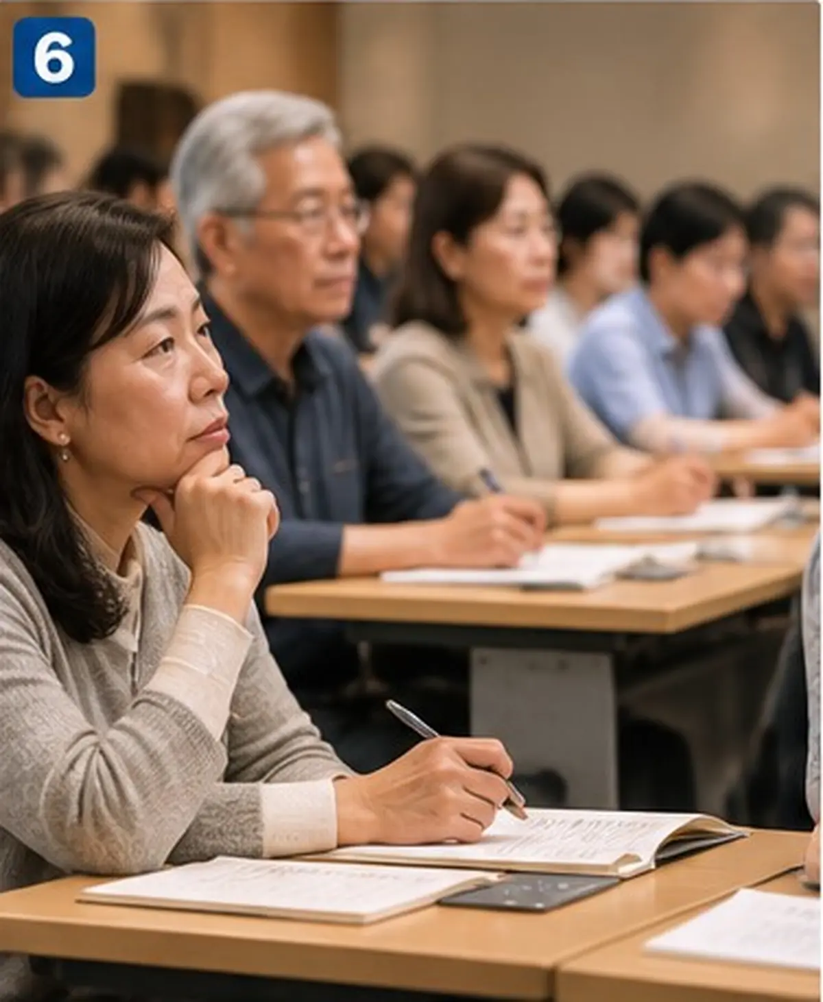 성인 수강생이 음식문화사 강의를 듣는 모습