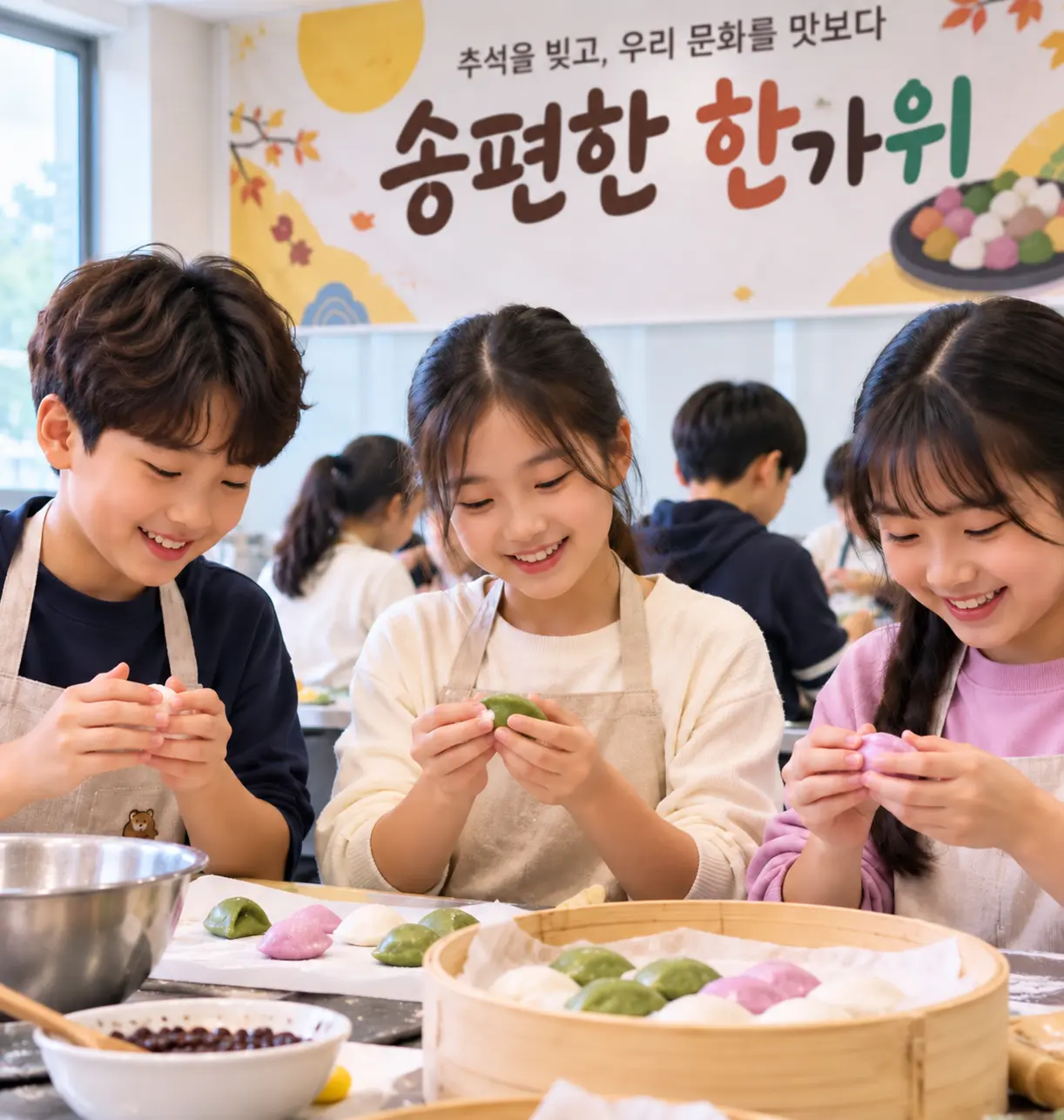 초등학생이 오색 송편 재료를 준비하는 모습